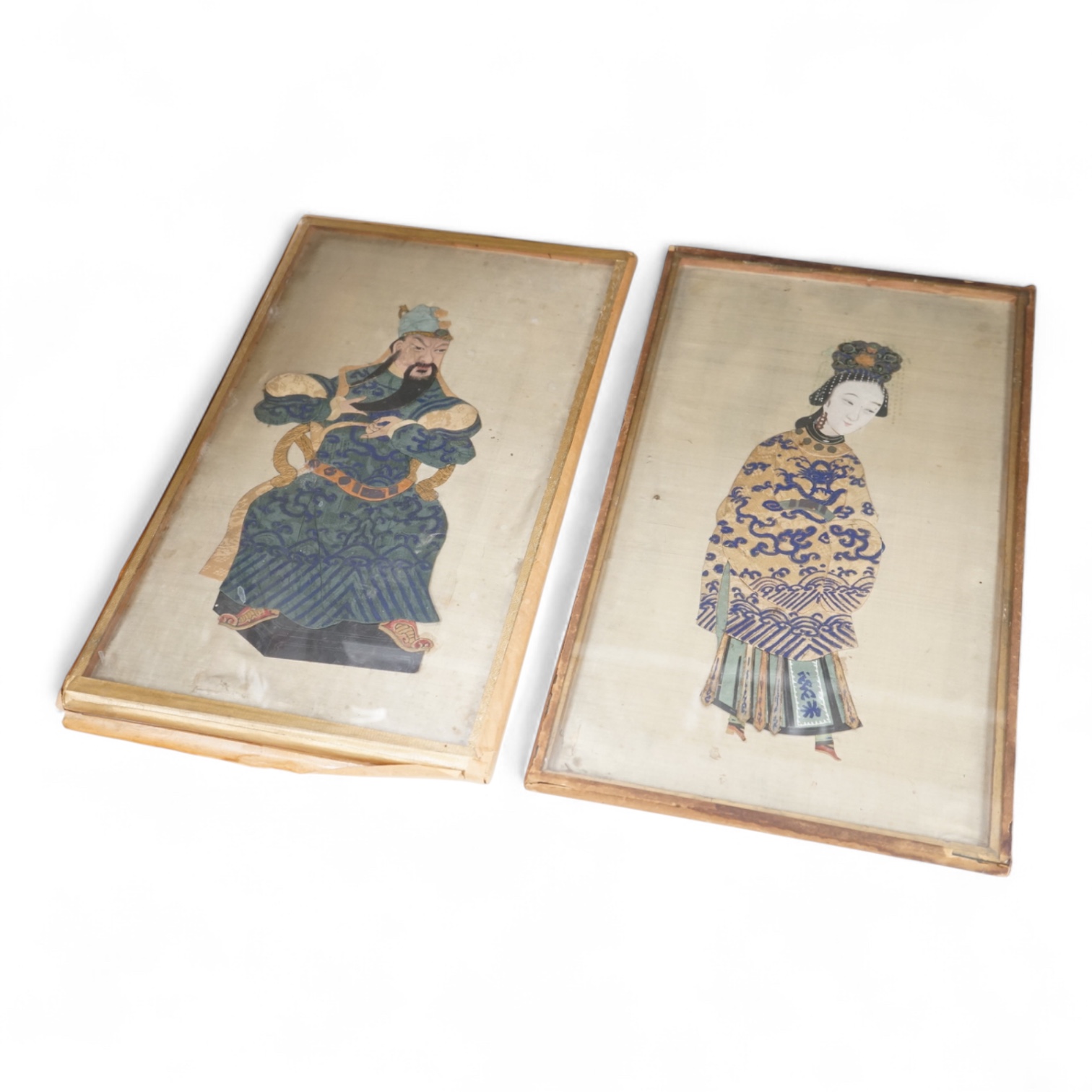 A pair of Chinese painted silk couch work Peking opera figures, early 20th century, framed, 38cm high